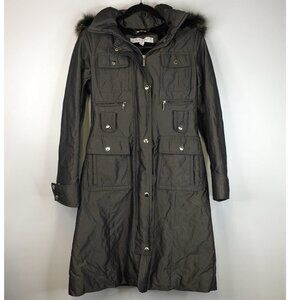 Laundry by Shelli Segal Fur Trim Hood  Long Jacket Green Size XS